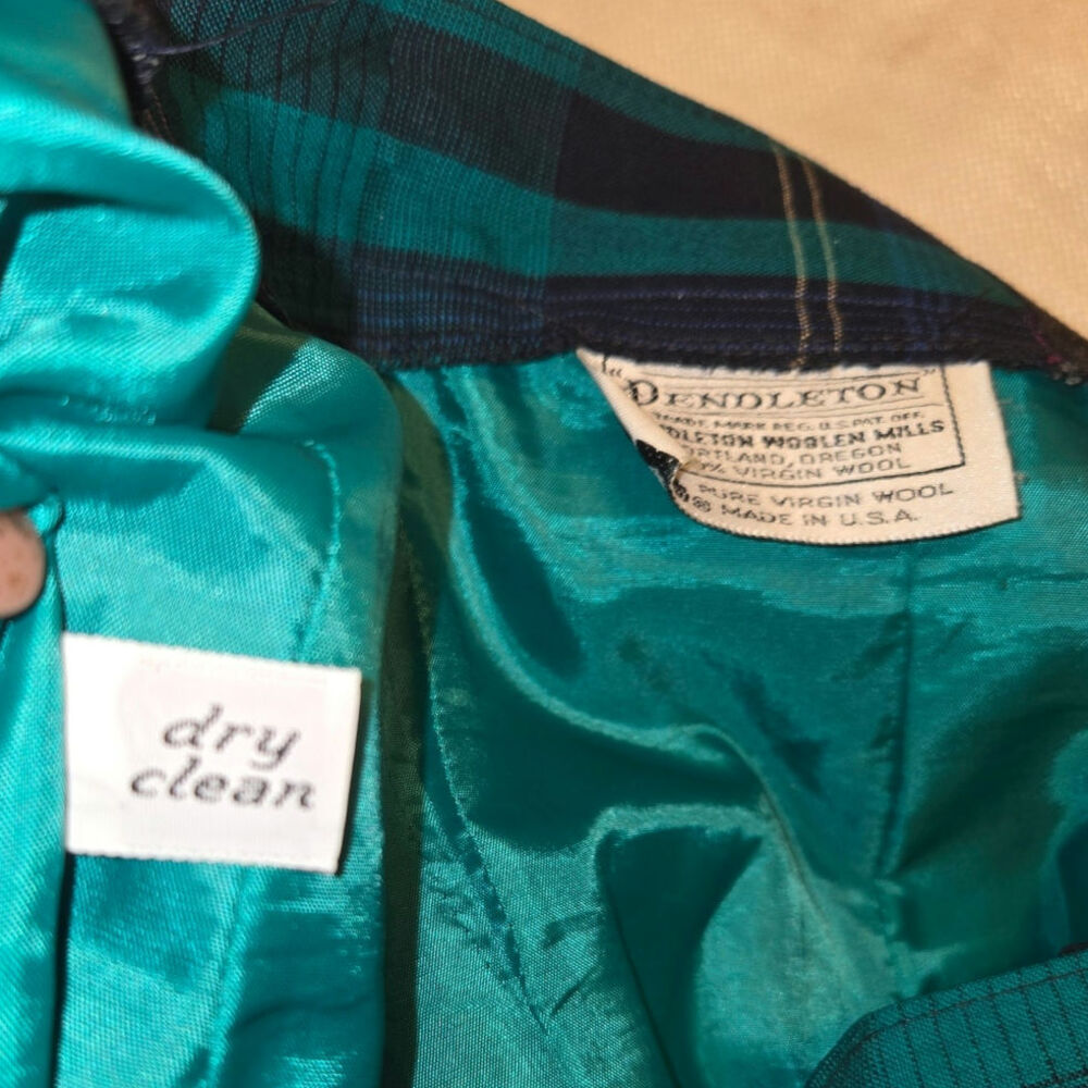 Sz 12 PENDLETON Vintage Teal Green Plaid Gathered Button Waist Zip Midi Skirt - Picture 4 of 7